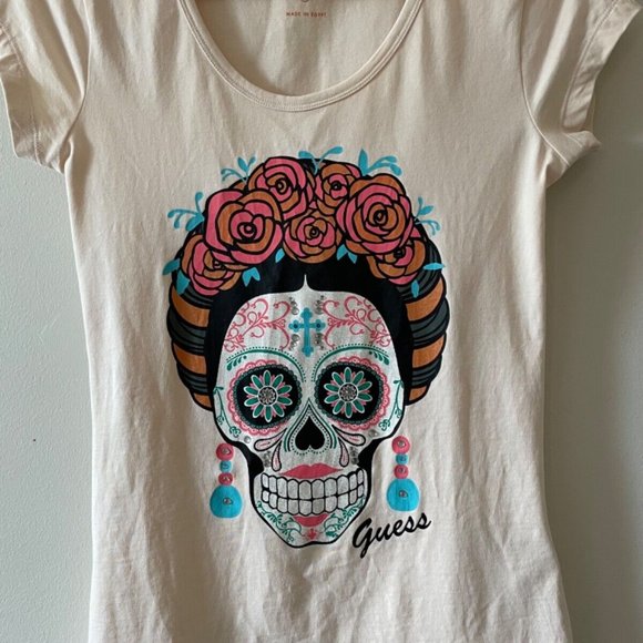 Guess Top Sugar Skull Tee Jersey Soft/Stretchy T-shirt Never worn Size S - Picture 5 of 5